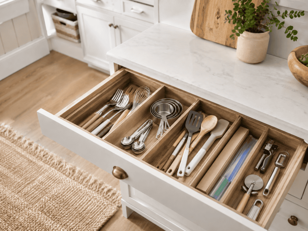 A kitchen drawer with four dividers inside.