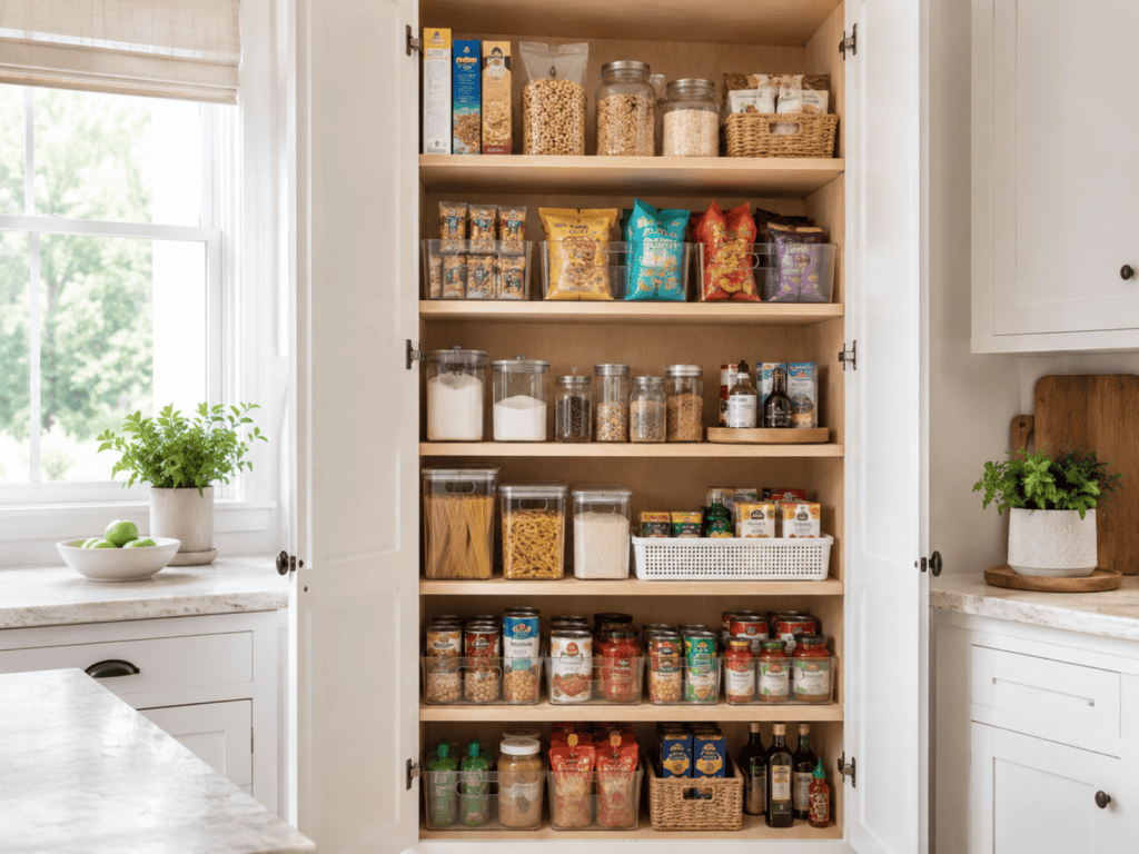 An open kitchen pantry displaying six shelves of organized food items.