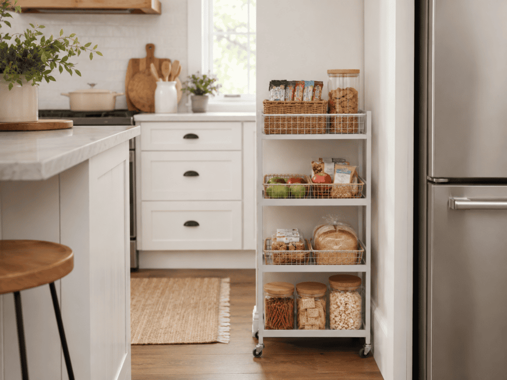 A slim kitchen rolling cart beside the refrigerator. The cart contains snacks.