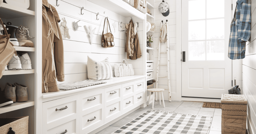 Entryway with a DIY ladder coat rack and hooks on the wall