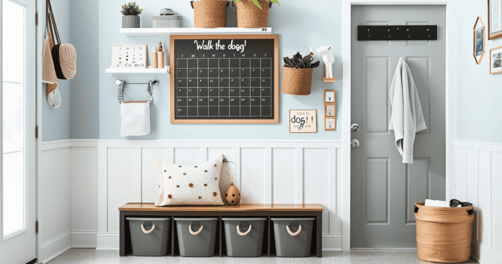 Magnetic storage board in entryway with baskets under a bench