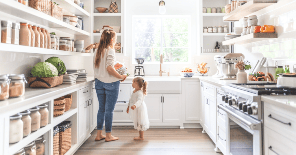 a mother and child standing in front of a kitchen sink