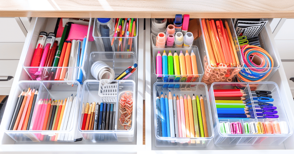 Office supplies in clear storage containers in a drawer