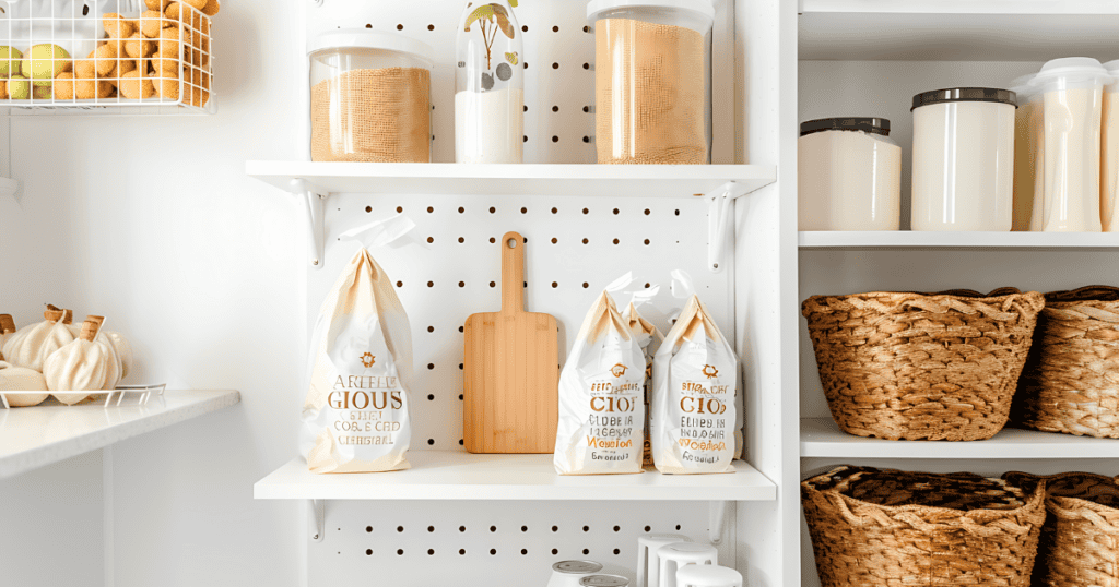 pegboard with white shelves and cutting board