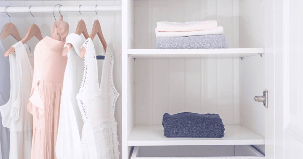 pink and white dress in closet with folded blue shirt