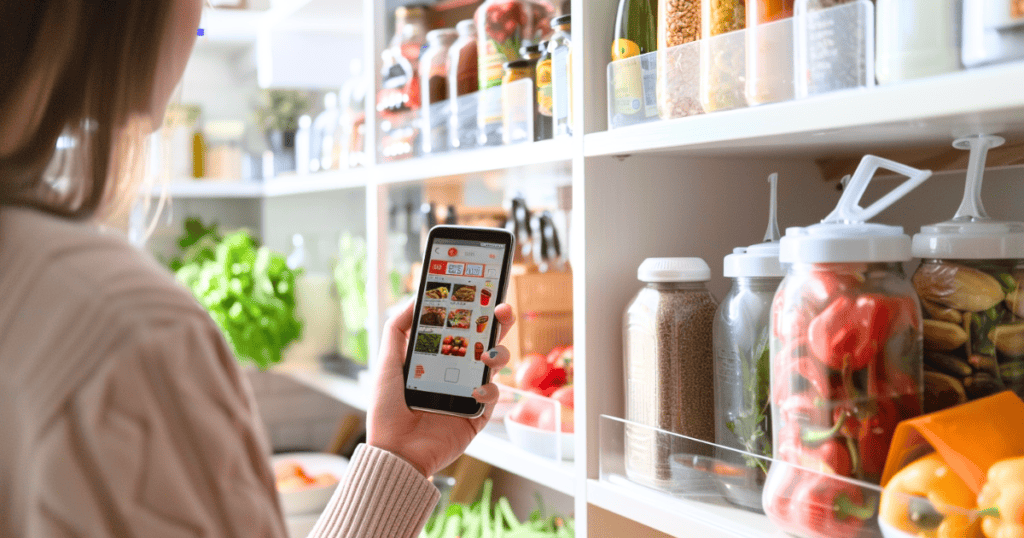 woman using an app on her phone to scan items in her pantry