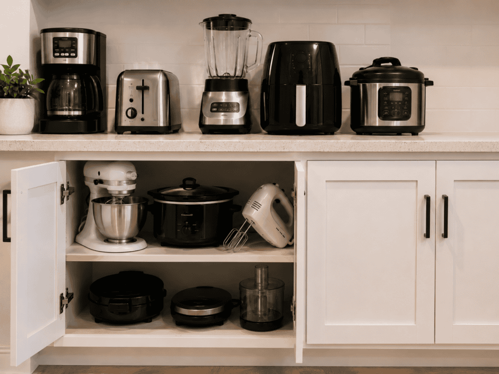 Several small kitchen appliances sitting on a countertop and several in a shelf below.