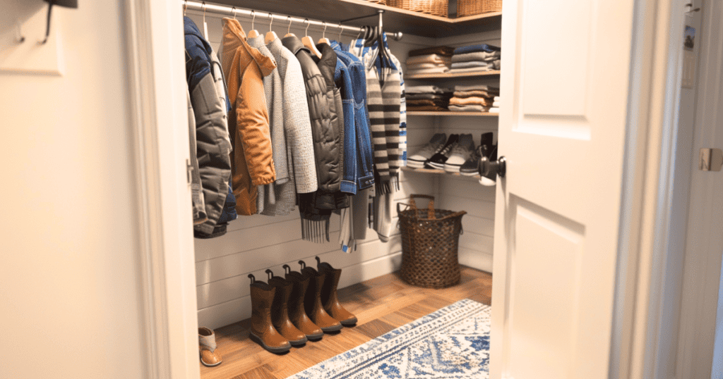 Small closet with coats hanging up and boots on the floor and organized shelves