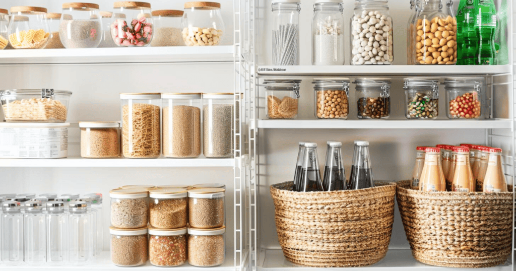 baskets of soda and jars of food on wire shelves