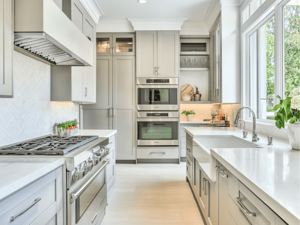 Modern kitchen with gray cabinets and upper cabinets above the regular cabinets