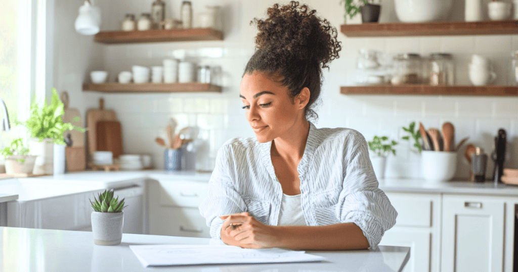 Woman sitting at a kitchen table looking at a decluttering plan