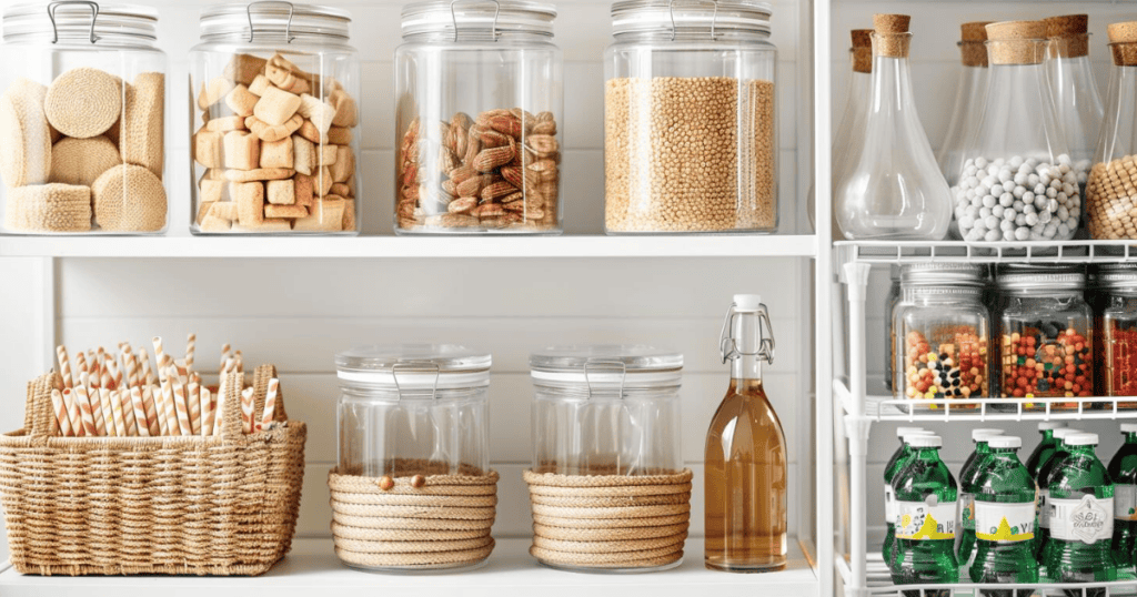 pantry with a unified look of white and tan containers on shelves