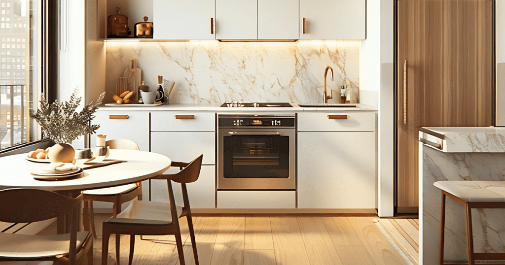 well organized white and gold kitchen