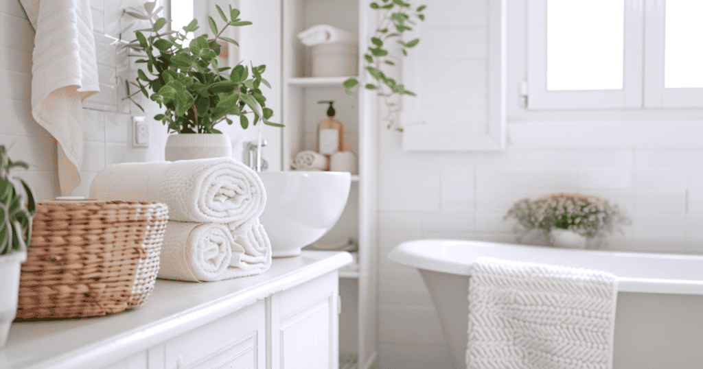 White bathroom with towels rolled up on vanity beside a plant