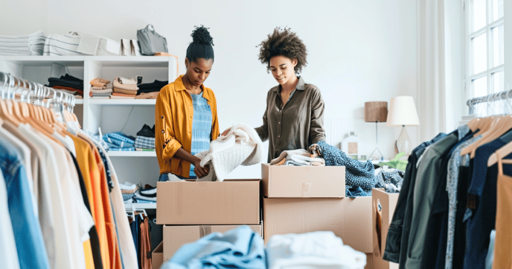 two women putting clothes in boxes and standing in a cluttered room