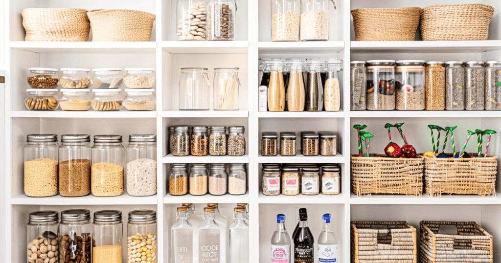 pantry shelves divided into zones with like items