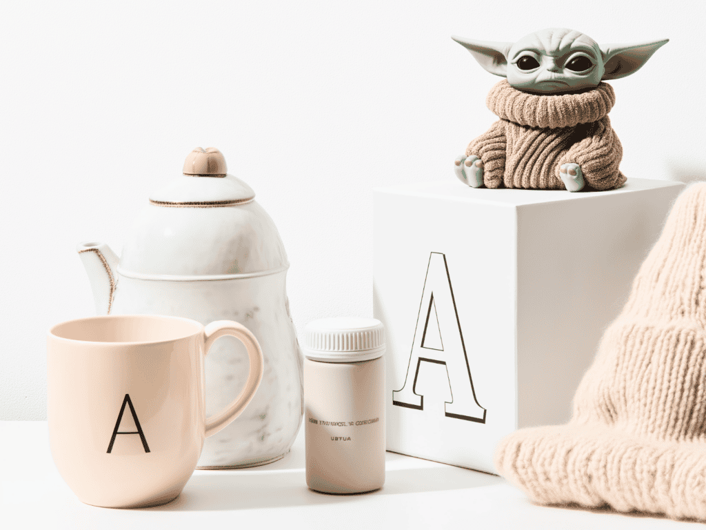 A mug, pitcher, paint tube, and baby yoda. All items under twenty dollars.