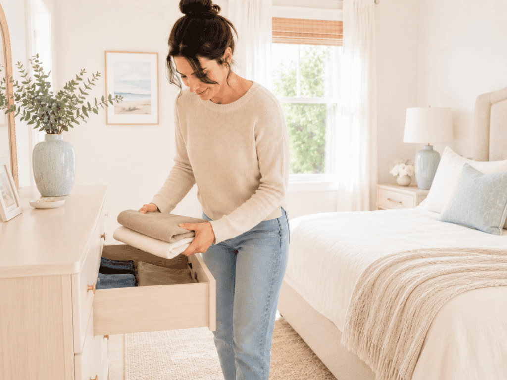 Woman putting clothes away during a quick five-minute bedroom reset in a tidy organized bedroom.