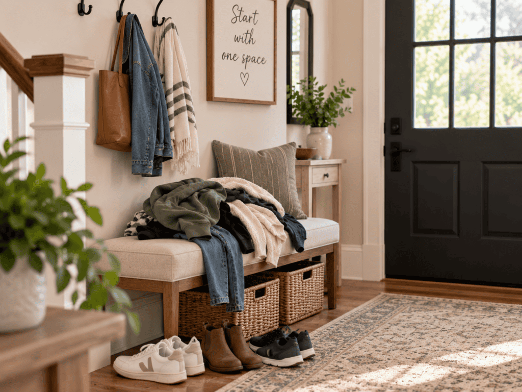 Entryway with a pile of clothing on the bench, several pairs of shoes on the floor, and coats and a bag hanging on wall hooks.