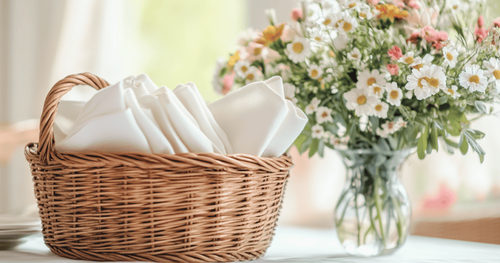 White linen napkins in a basket next to a vase of flowers on a table