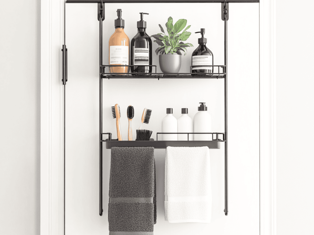 Black organizer hanging on a bathroom door