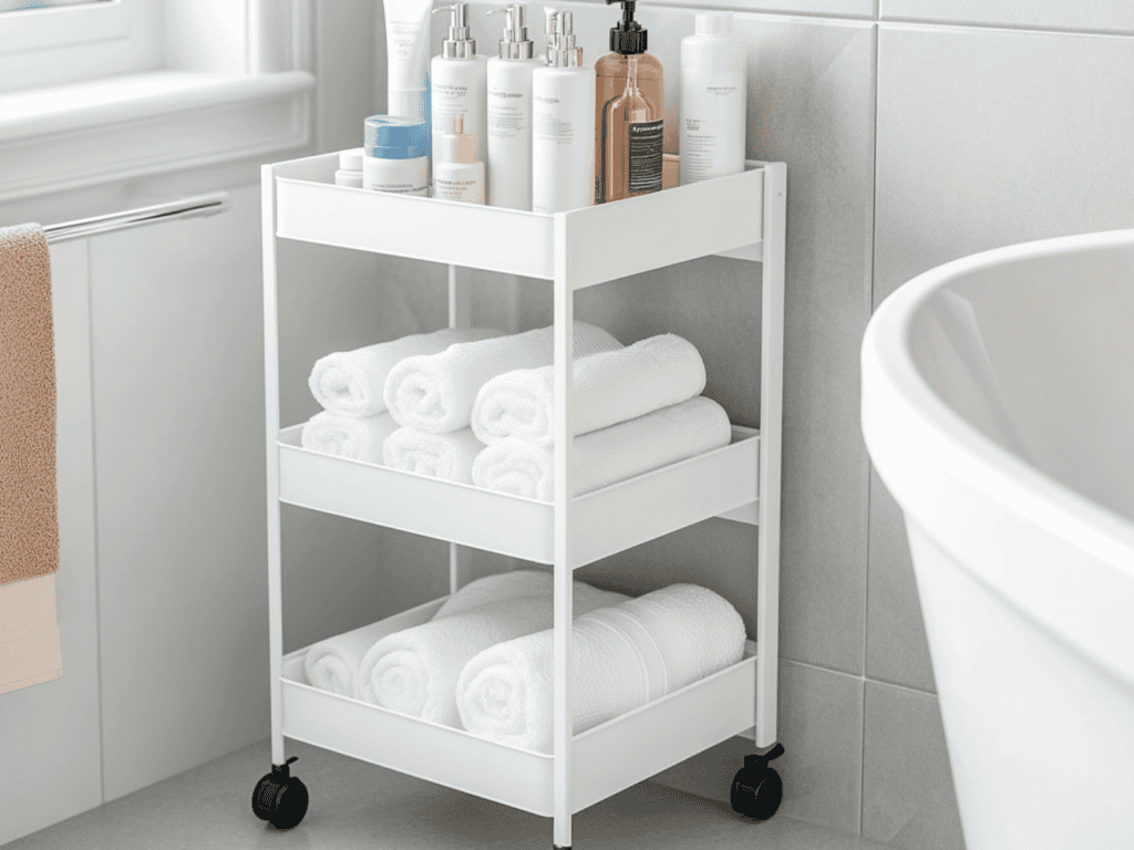 A white bathroom rolling cart with three shelves