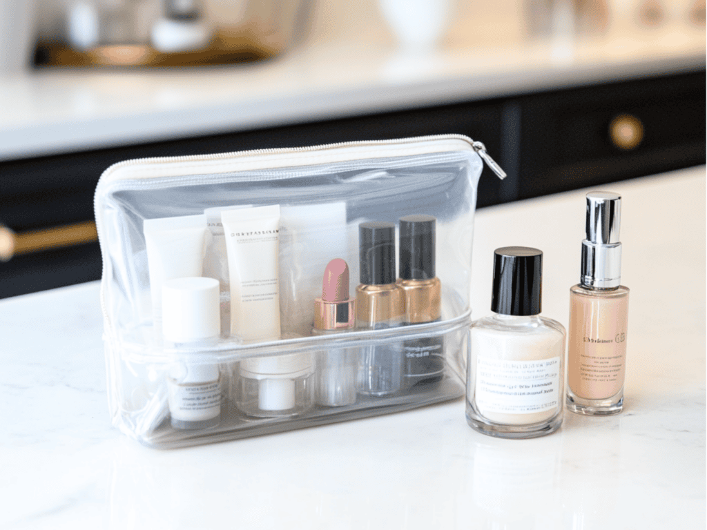 Make up and skin care products sitting on a counter in a bathroom