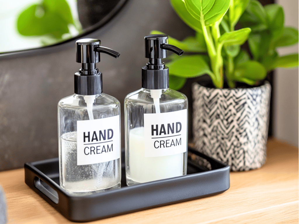 Two hand cream bottles labeled and sitting on the bathroom counter