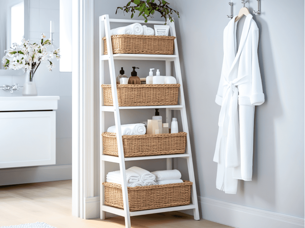 Baskets on shelves filled with towels and bathroom items