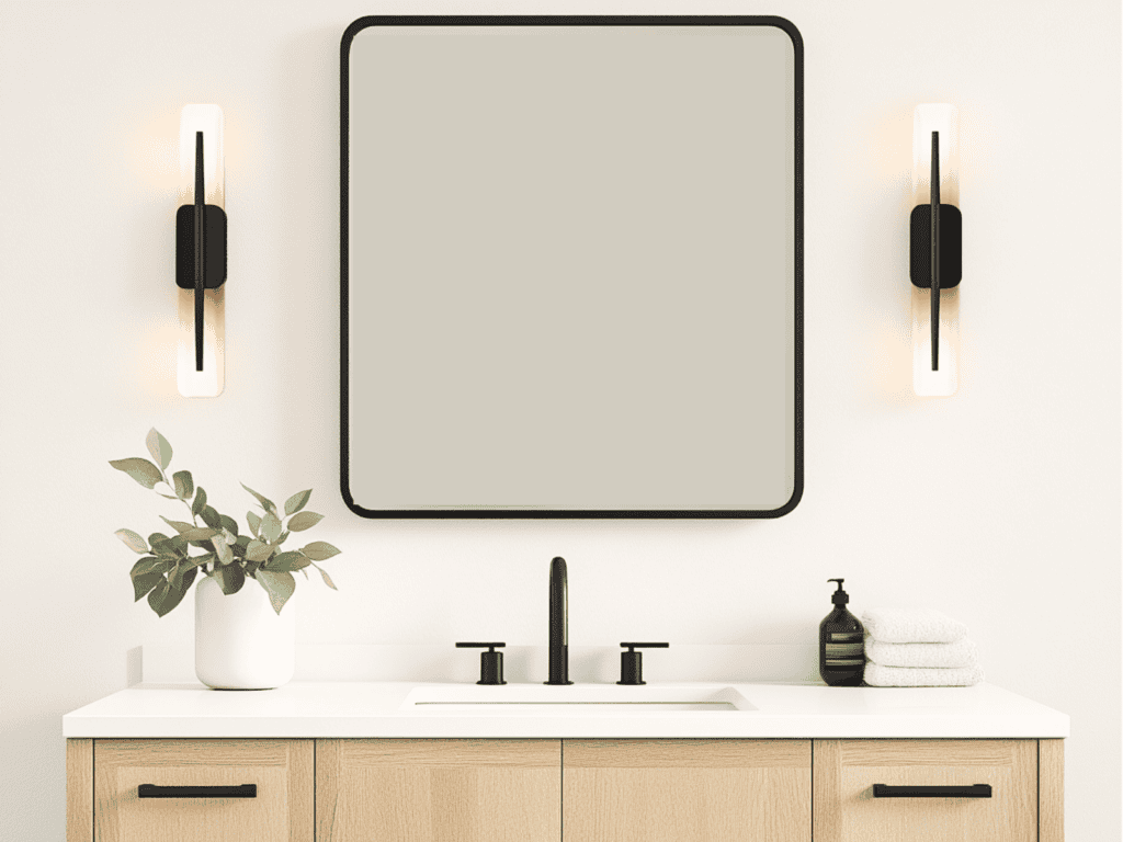 A bathroom mirror and vanity lit by two wall mounted lights