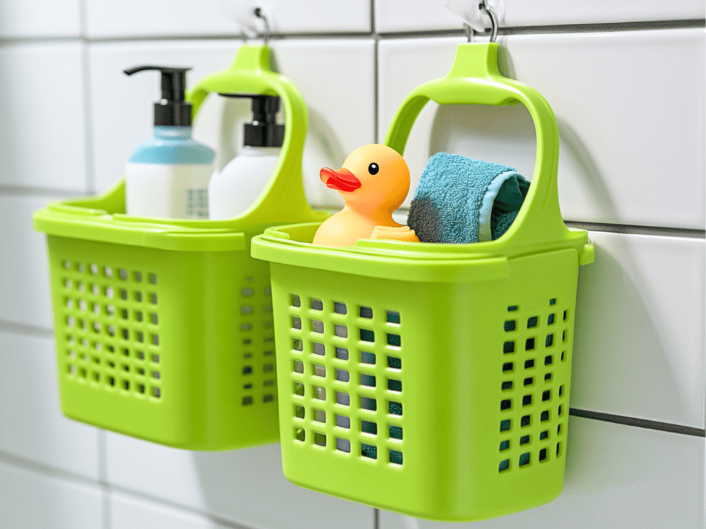 Two green baskets held to the bathroom wall with suction cup hooks