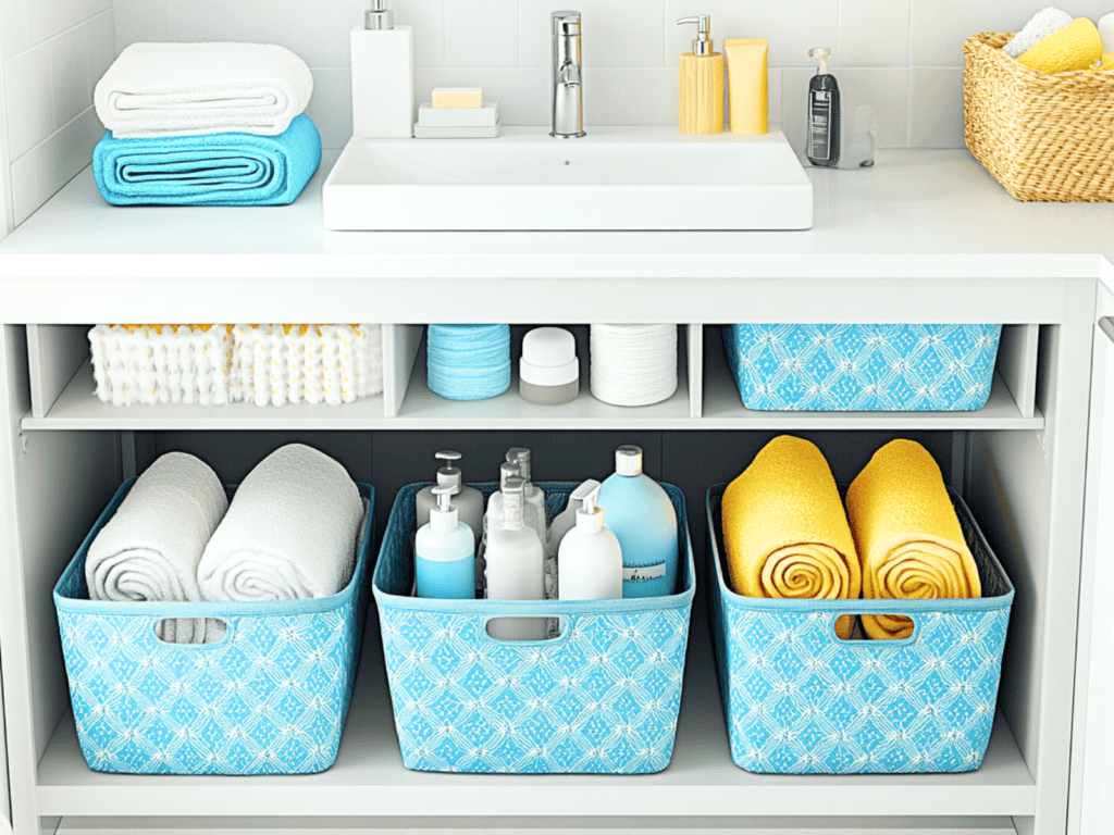 Teal colored storage baskets under a bathroom sink