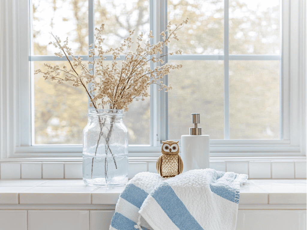 bathroom window ledge being used for storage