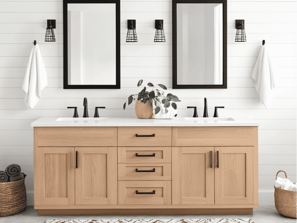 Bathroom vanity with two mirrors hanging above it