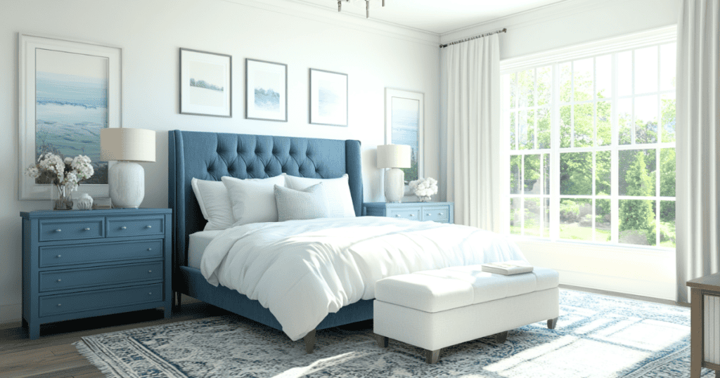 A blue and white bedroom with the bed made and rug under the bed and pictures over the bed