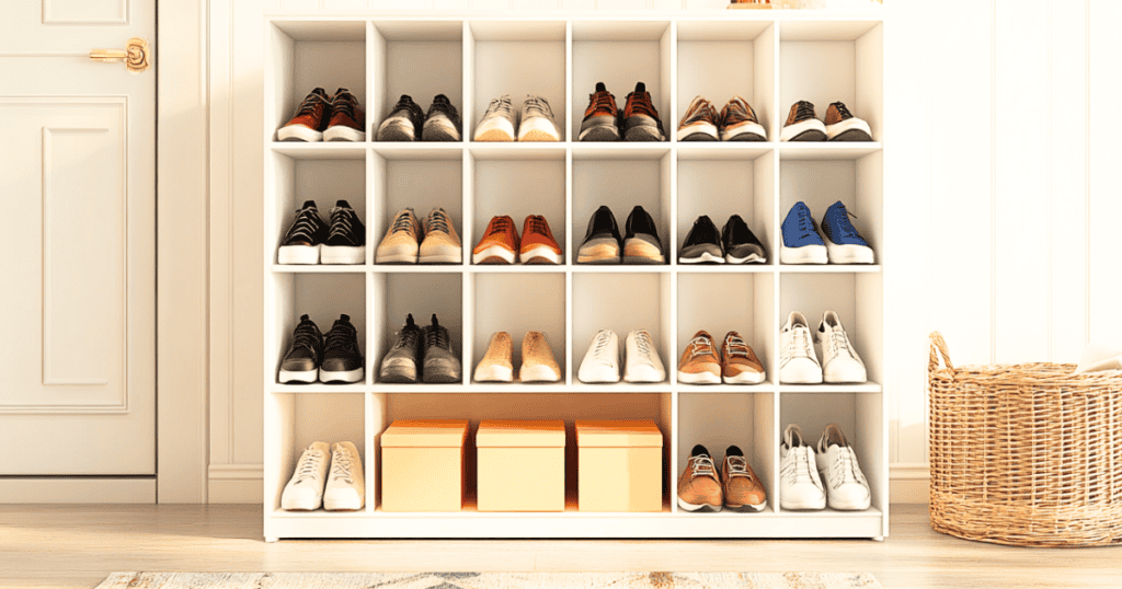 Shoes stored in a shoe rack with bins at the bottom