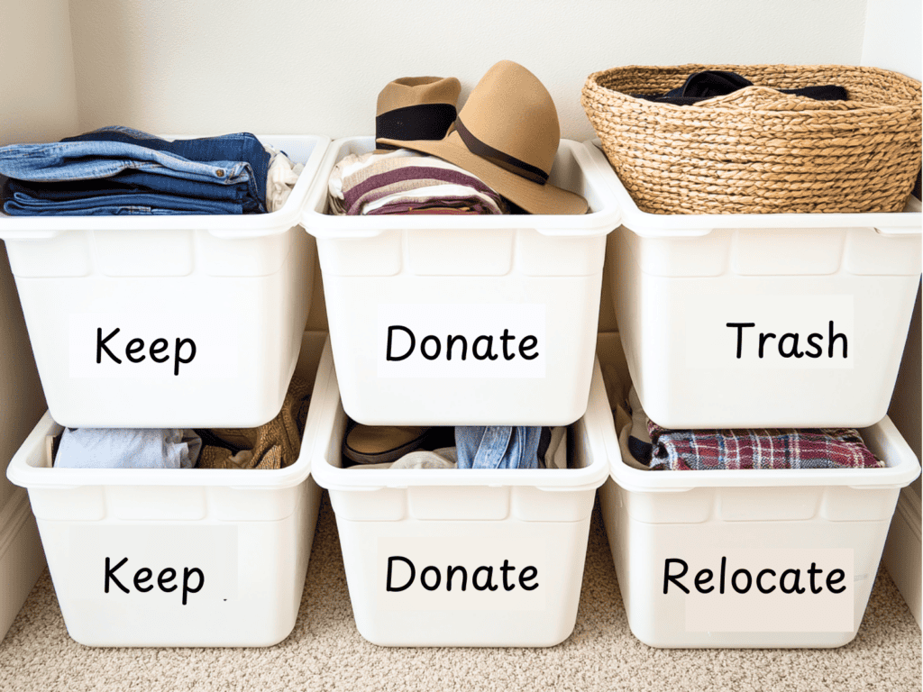 Six boxes labeled "Keep," "Donate," "Trash," and "Relocate"