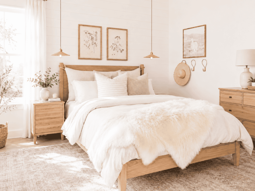 A bright and organized bedroom with a dresser and nightstand.