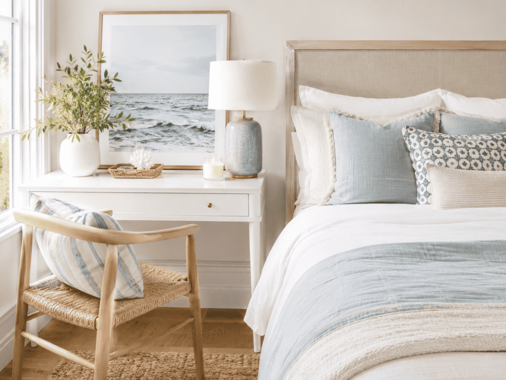 Bright, organized bedroom with a neatly made bed, clear nightstand, empty chair, and soft blue and neutral decor.