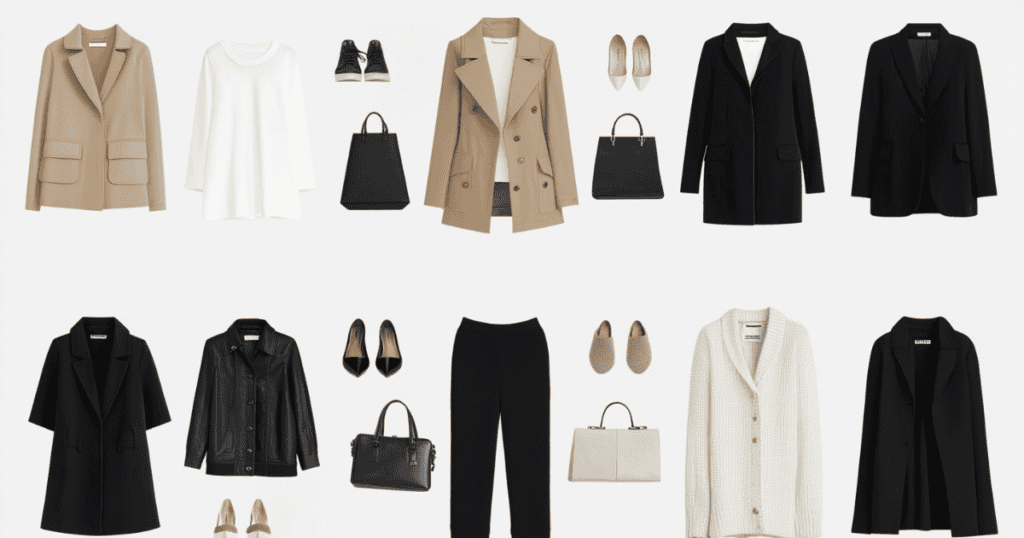 Capsule wardrobe of womens clothes in black and white