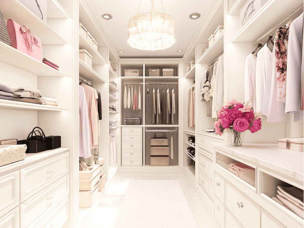 A walk in closet that has been decluttered and organized