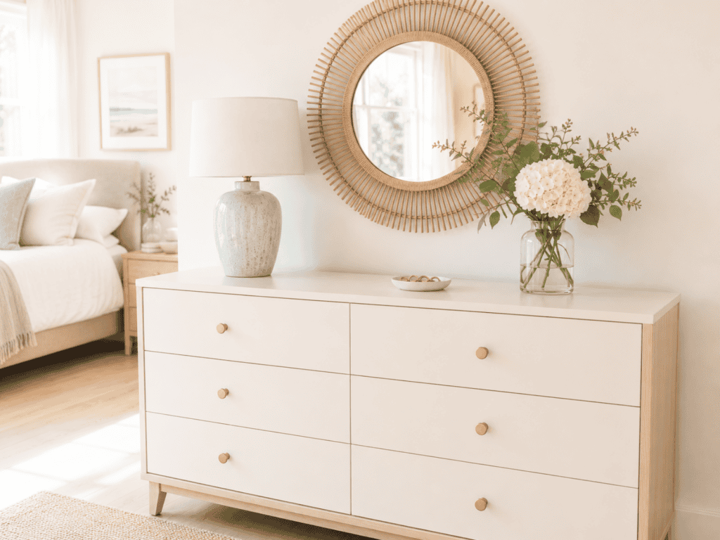 Bedroom dresser with a clear surface, lamp, small tray, and minimal decor in a tidy organized room.