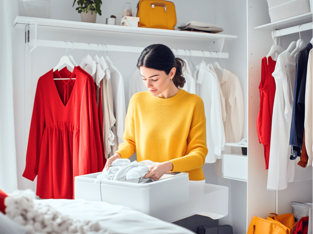 A woman sorting through clothes in her closet