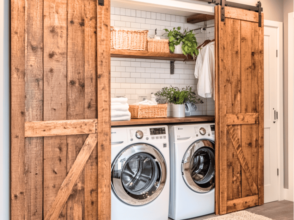 A small laundry room in a closet behind barn doors