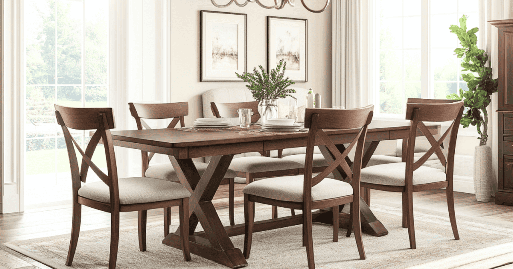 A brown dining room table with a vase as a centerpiece. Pictures hang on the wall