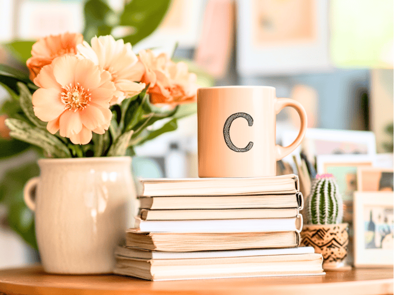 End table cluttered with books, pictures, plants and a mug