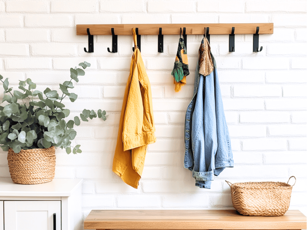 Coats hanging on hooks on the wall in an organized entryway