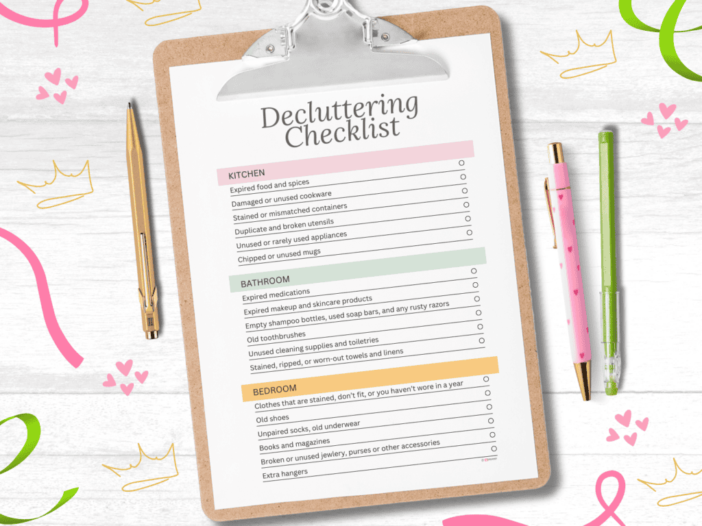 Decluttering checklist on a clipboard with a pen beside of it