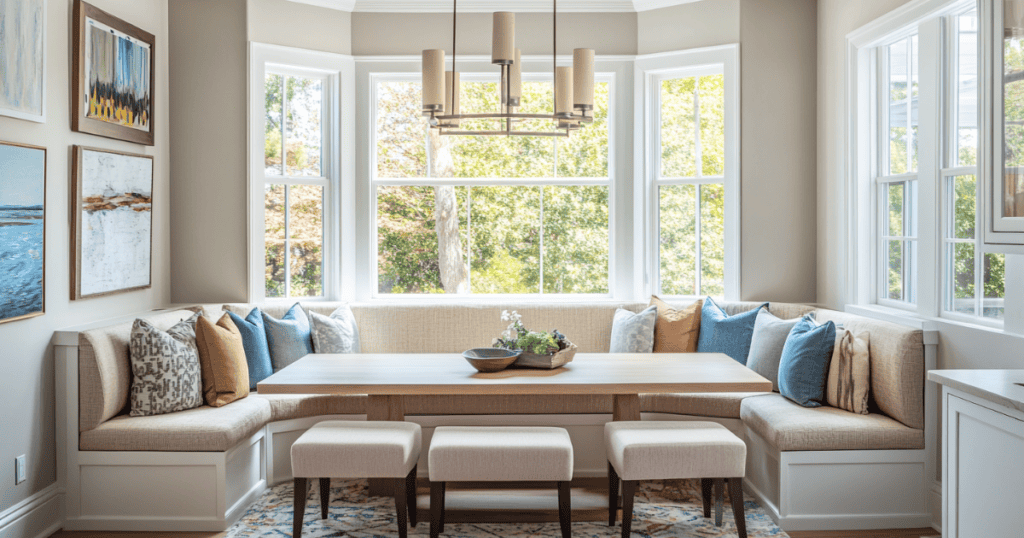 Corner dining room table with bench seating and three stools