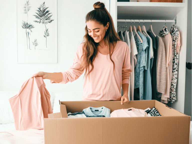 Woman standing by a box of clothes with a closet of clothes in the background